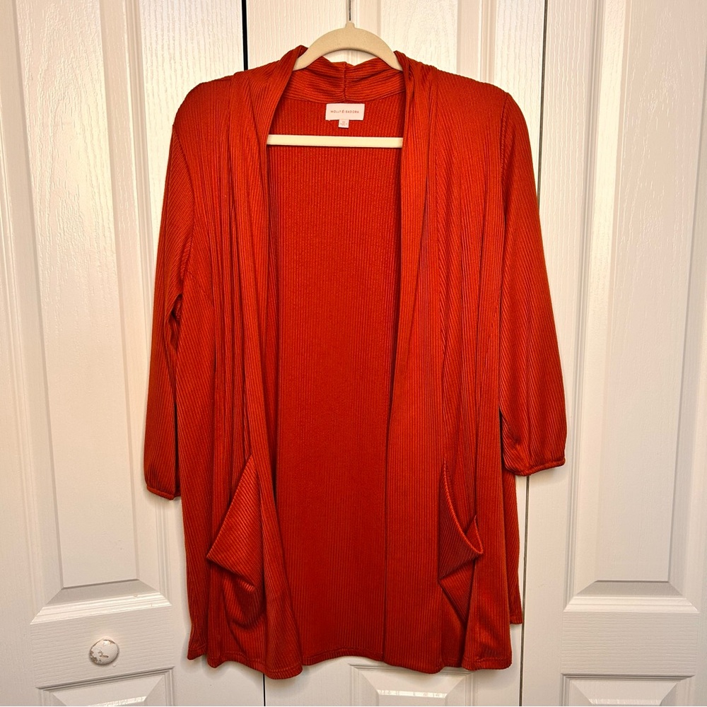 Molly & Isadora Burnet Orange Open Front Ribbed Cardigan Long Sleeve Size 1X